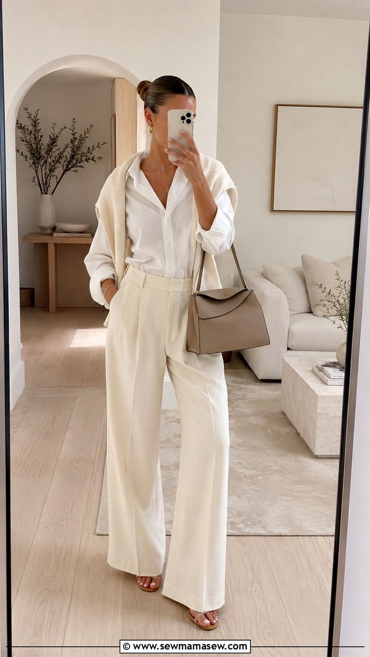 Clean girl white button down and cream knit - 30 Nepo baby outfit ideas