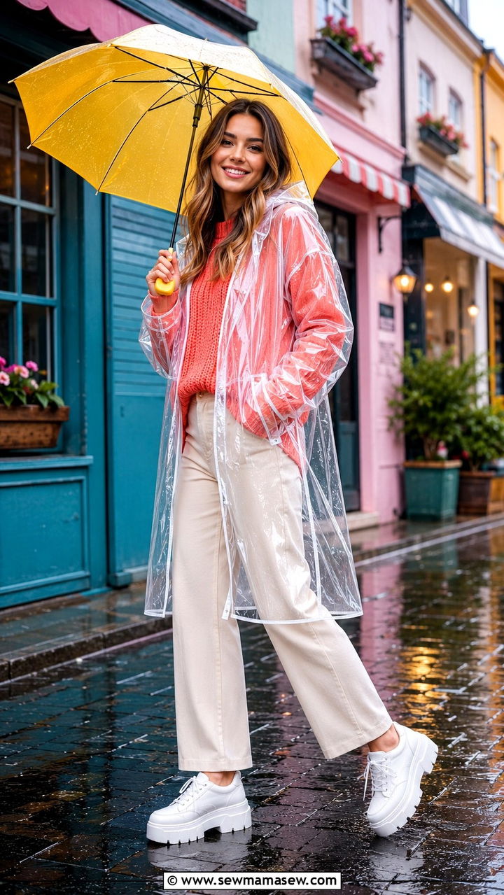 Clear PVC Raincoat With Bright Layers Underneath - 25 rainy day outfits trends