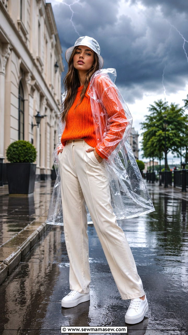 Clear PVC raincoat over bright layers - 20 Thunderstorm outfit ideas