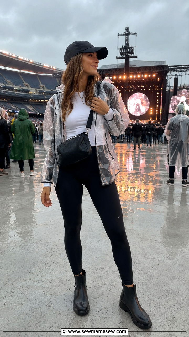 Clear Rain Jacket With Leggings And Waterproof Boots - 30 Stadium concert outfit ideas