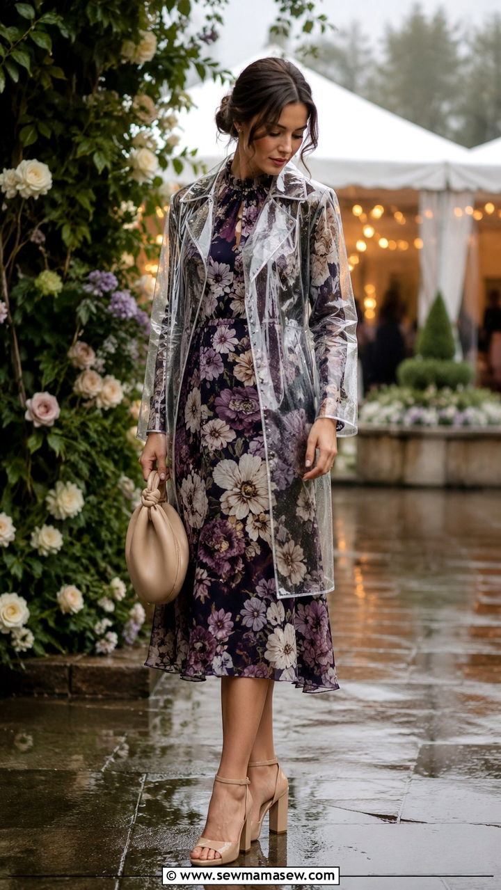 Clear Raincoat Over Floral Dress And Ankle Strap Heels - 25 rainy day outfits Pinterest