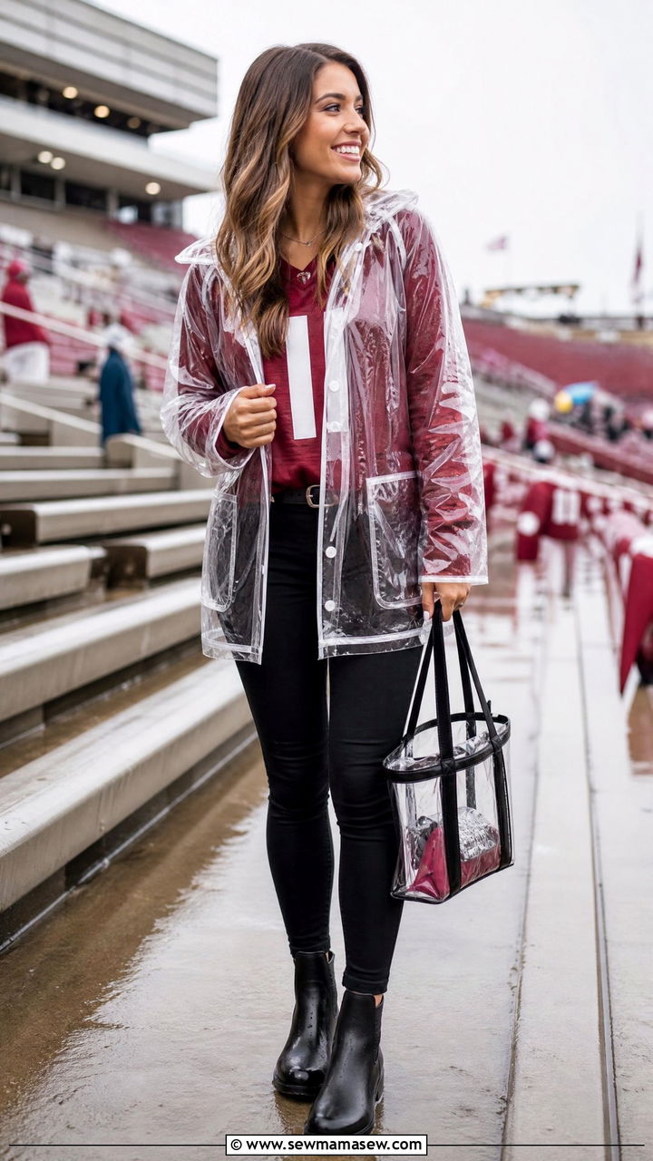 Clear Raincoat Over Team Jersey And Black Jeans - 25 Gameday outfit ideas rainy weather