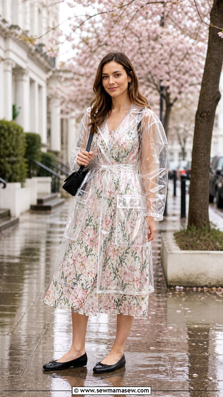 Clear Raincoat with Floral Midi Dress and Ballet Flats - 40 rainy day outfits