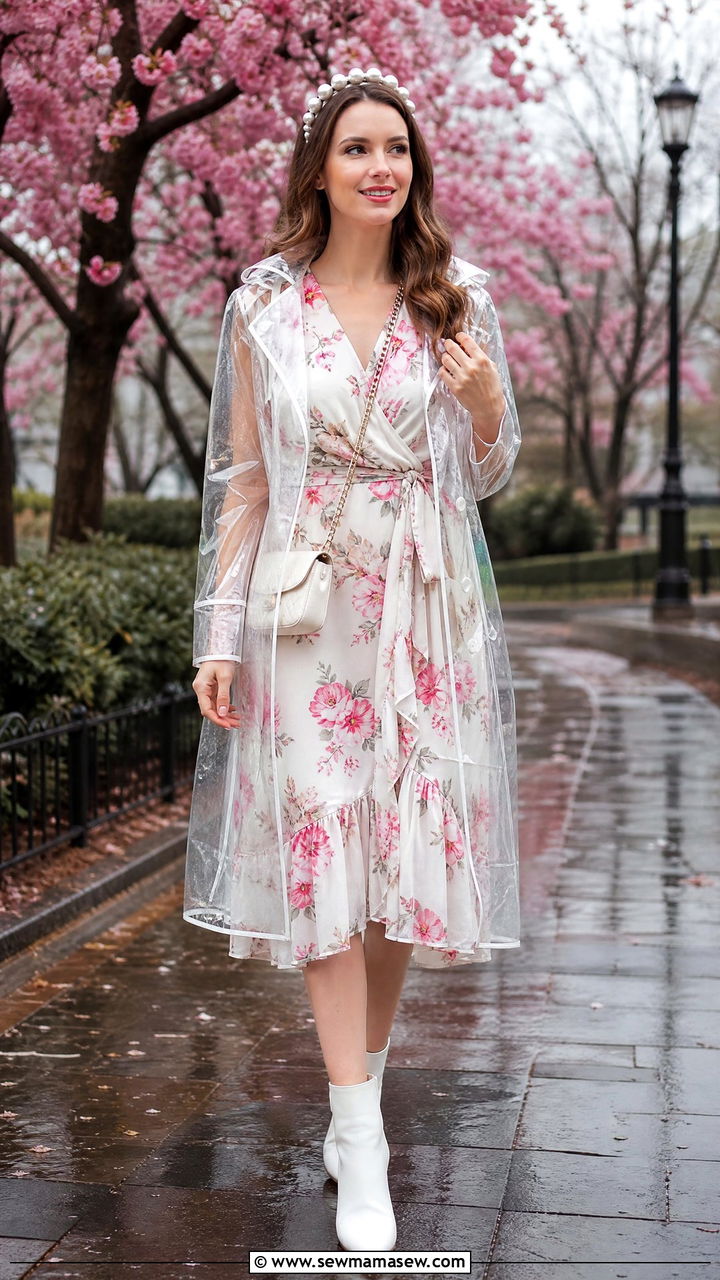 Clear raincoat with floral dress - 25 spring rainy day outfit ideas