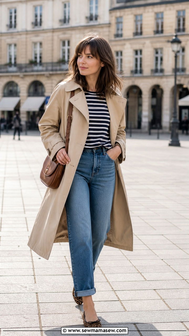 Clemence Poesy Breton Striped Top and Trench Coat - 20 French girl outfit ideas Clemence Poesy