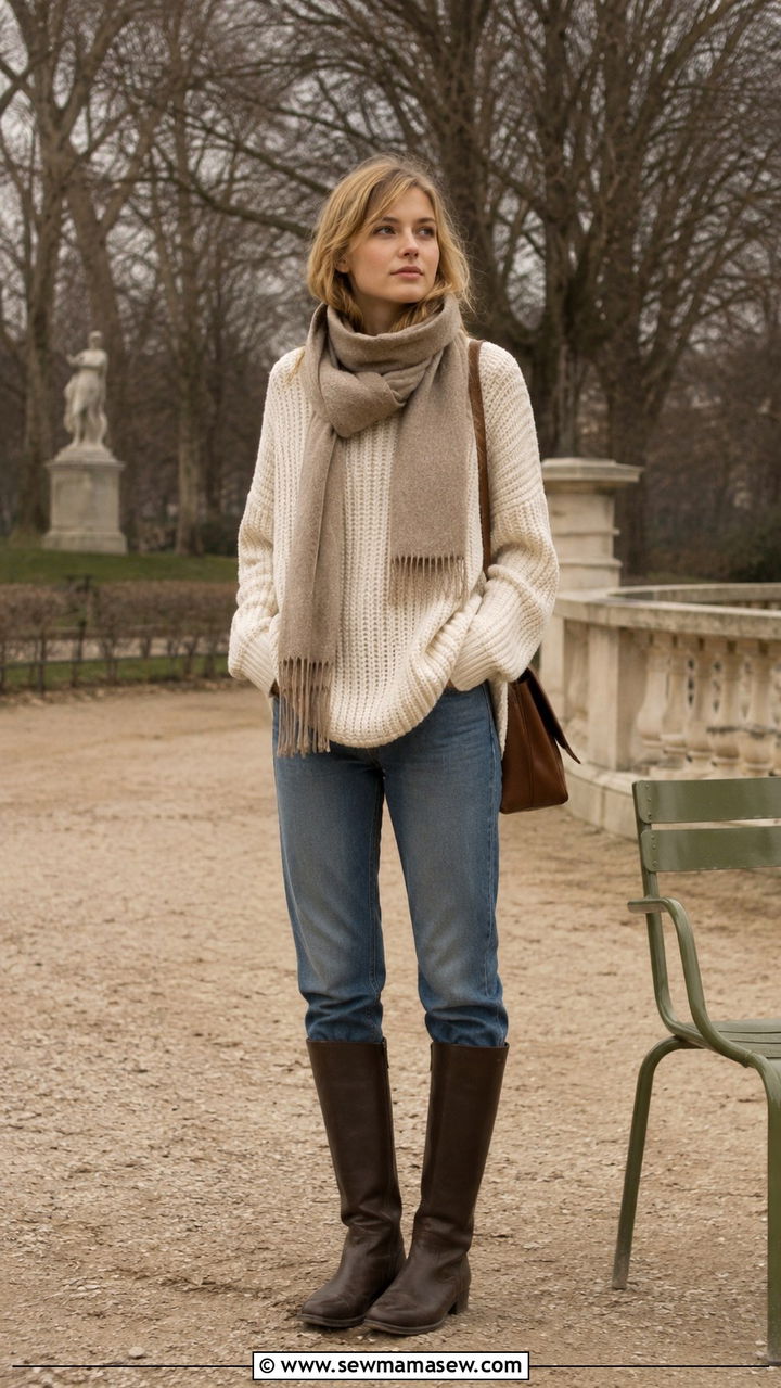 Clemence Poesy Chunky Knit Sweater and Flat Boots - 20 French girl outfit ideas Clemence Poesy