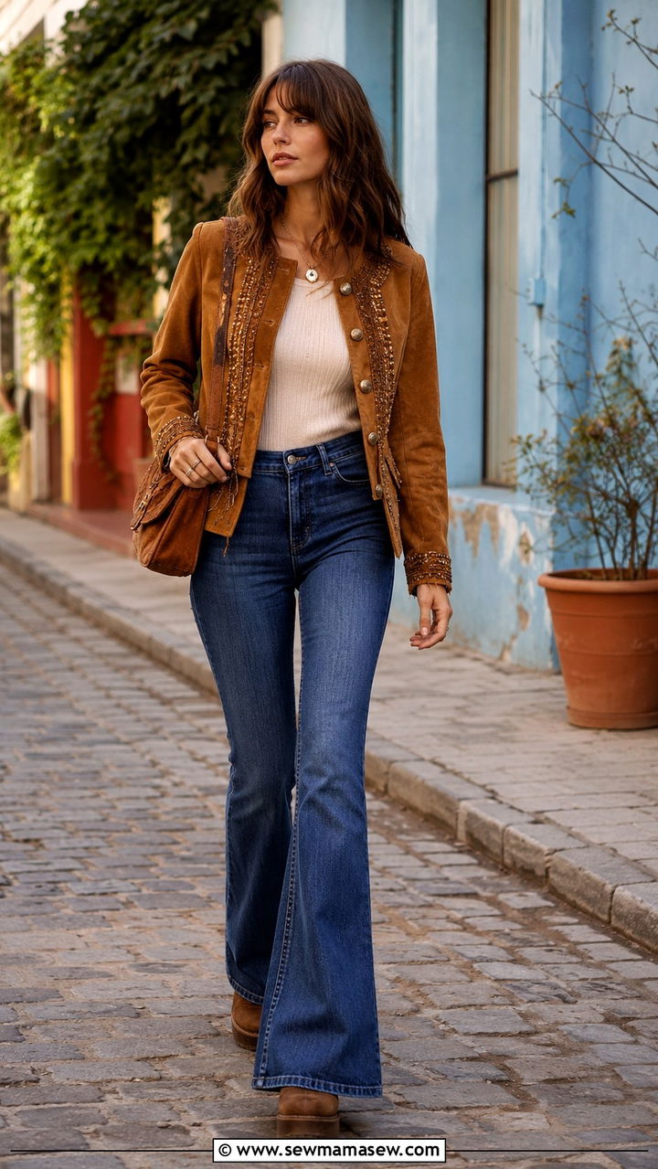 Clemence Poesy Flared Jeans and Statement Jacket - 20 French girl outfit ideas Clemence Poesy