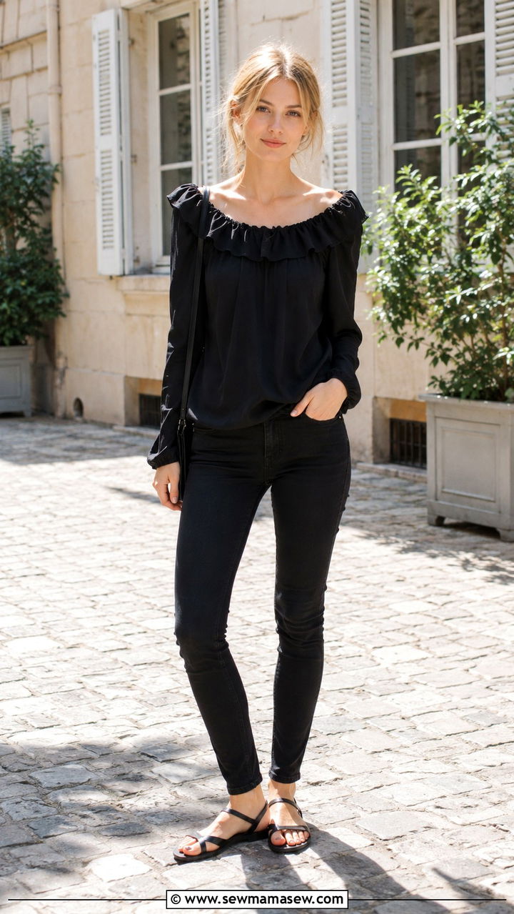 Clemence Poesy Pierrot Neckline Top and Black Skinnies - 20 French girl outfit ideas Clemence Poesy