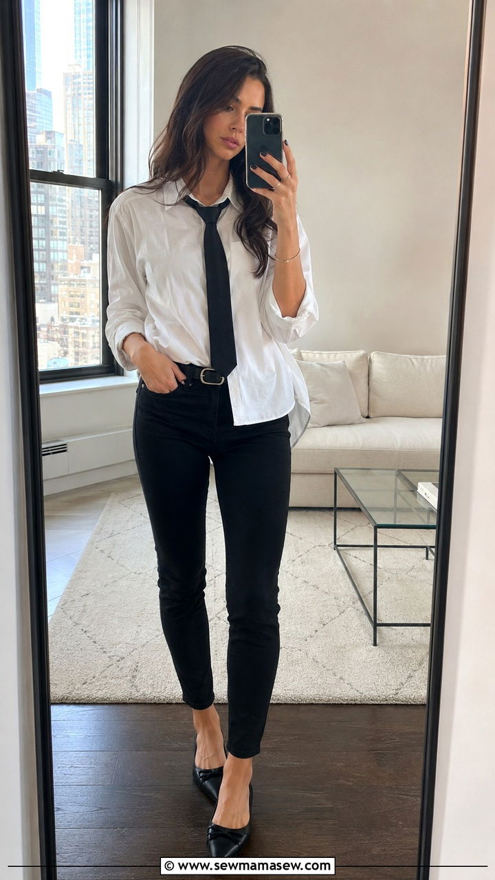 Clemence Poesy White Shirt and Black Tie Outfit - 20 French girl outfit ideas Clemence Poesy