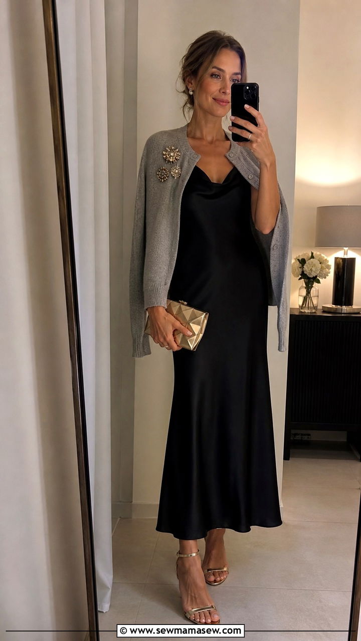 Cluster Of Brooches On Cardigan Over Slip Dress - 20 Brooch outfit ideas 2026