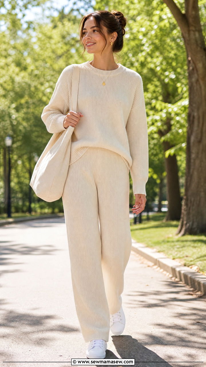 Co Ord Knit Set With White Sneakers And Tote Bag - 30 classy trendy outfits