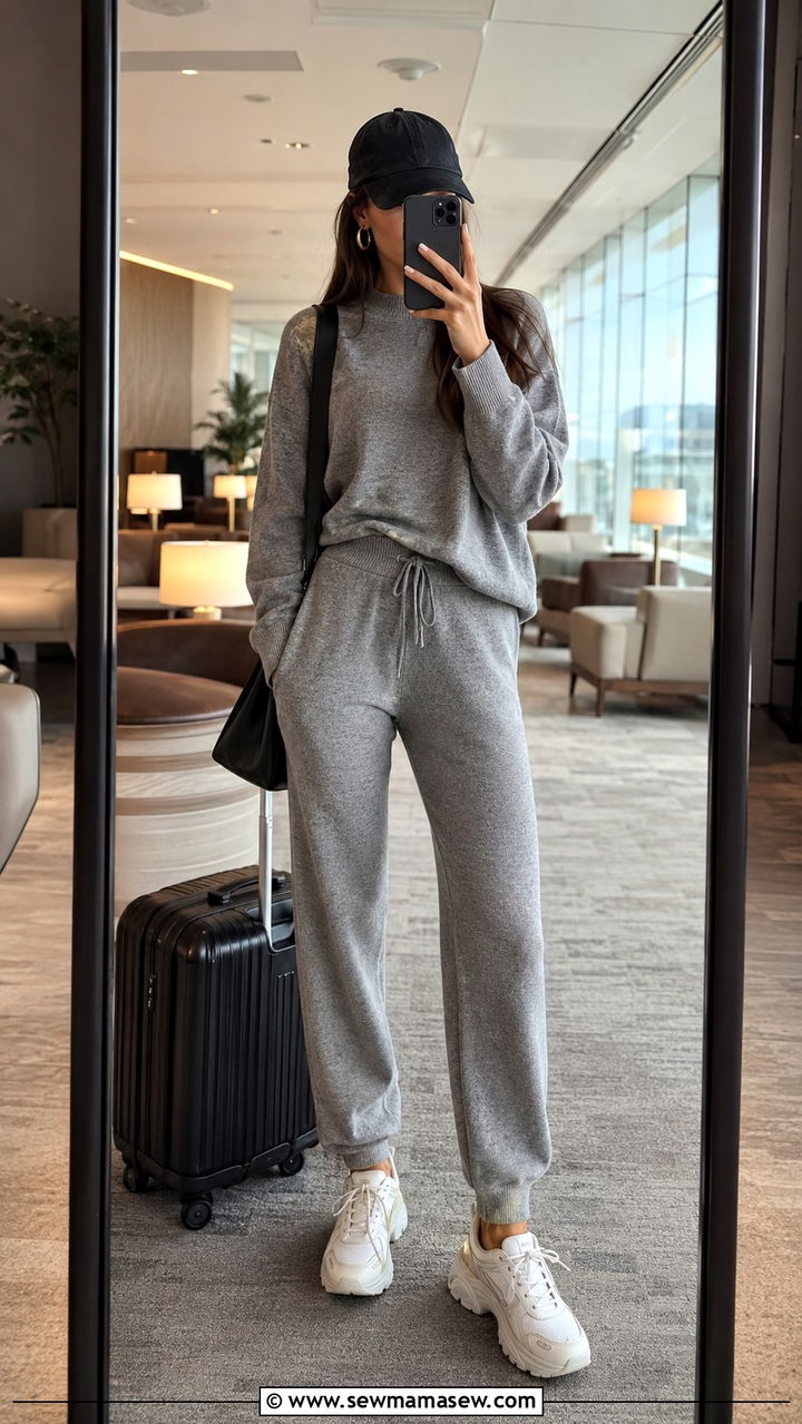 Co ord jogger set with baseball cap for early flights - 25 Travel outfit ideas for tall women