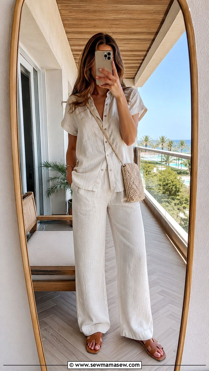 Co ord linen shirt and wide leg pants set for tall women - 30 Travel outfits for tall women