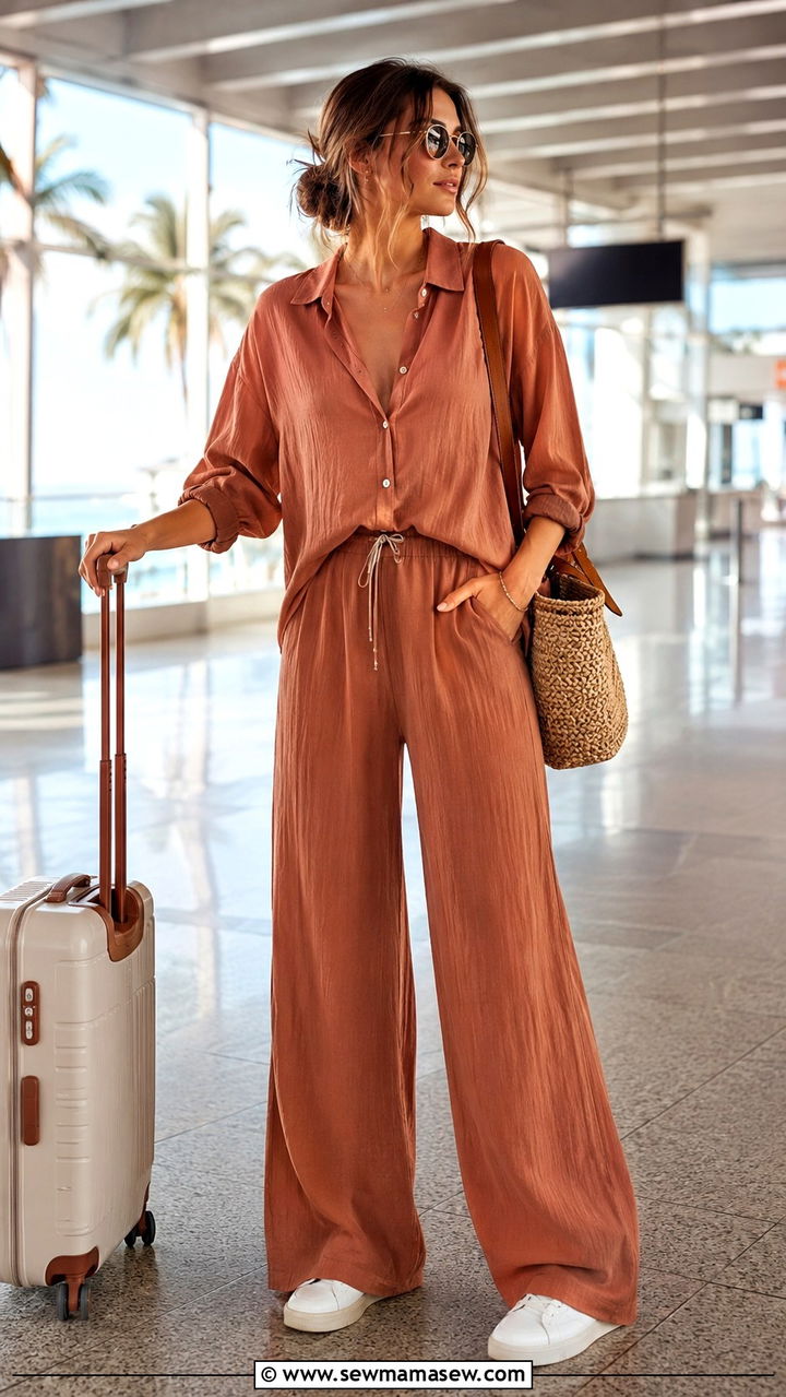 Co ord set in neutral tones travel outfit - 30 chic travel outfits for women