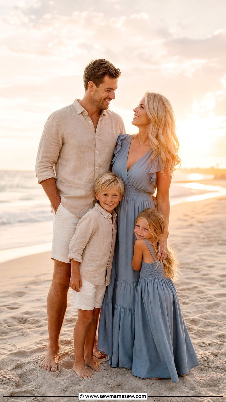 Coastal Blues And Soft Sand Tones For Beach Sunsets - 30 family photo outfits ideas