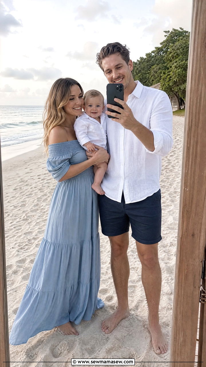 Coastal Blues and White Linen for Beach Family Pictures - 30 Family photoshoot outfit ideas