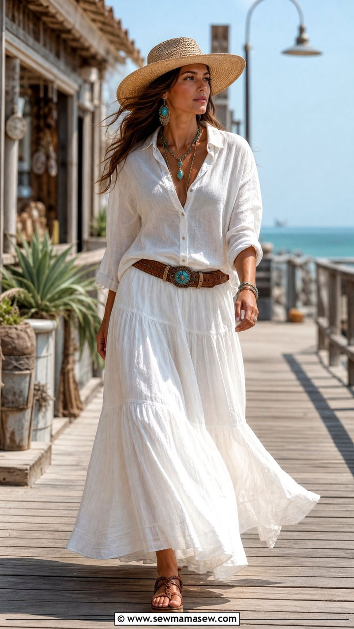 Coastal Cowgirl with a White Maxi Skirt - 25 Cowgirl aesthetic outfit ideas
