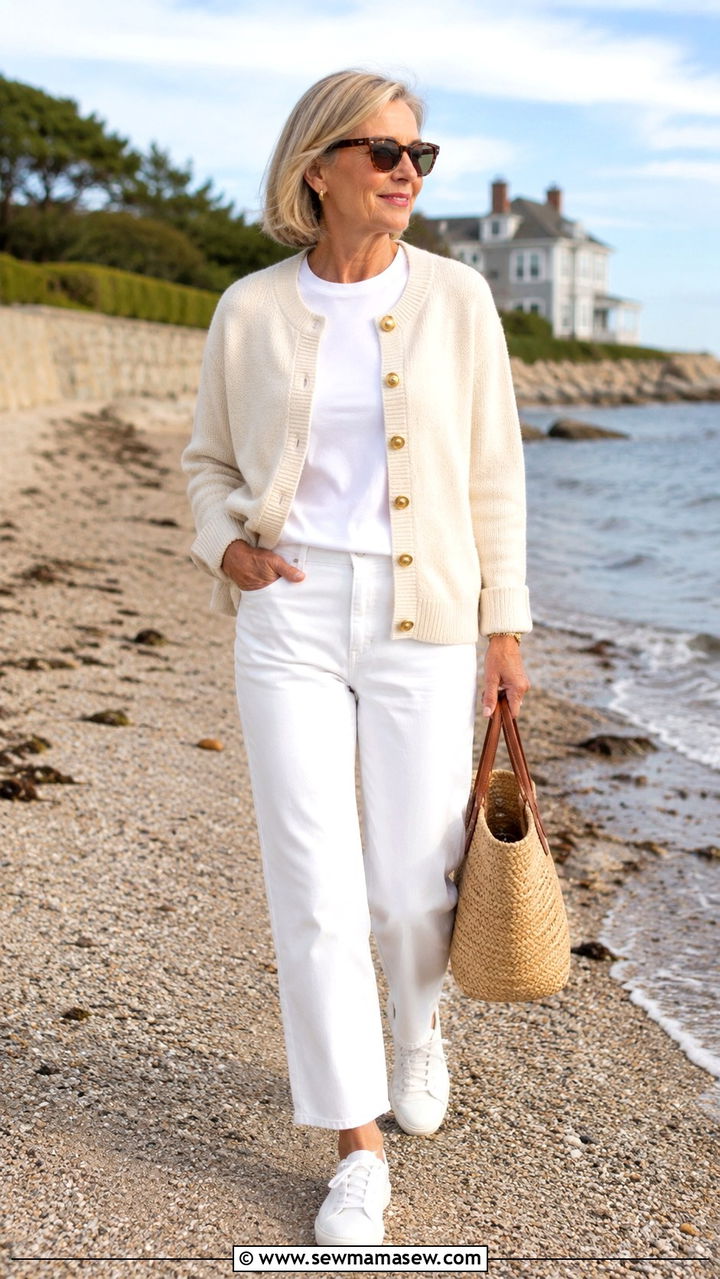 Coastal Grandma Button Up Cardigan with White Jeans and White Sneakers - 30 Spring outfits with cardigans