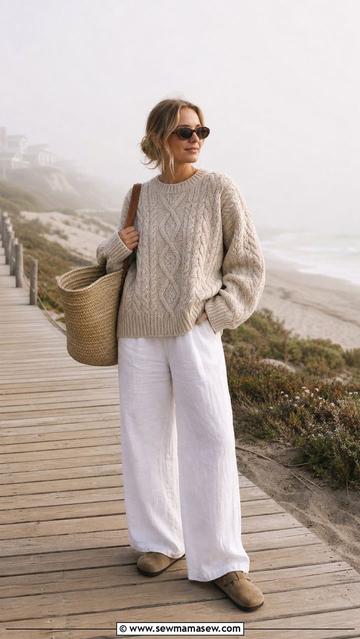 Coastal Grandmother Cable Knit Sweater White Linen Pants - 25 spring coastal grandmother outfits