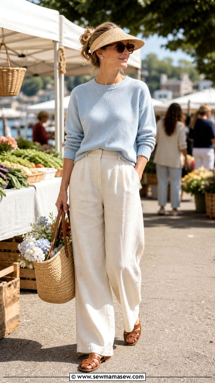 Coastal Grandmother Linen Trousers and Knit Sweater Outfit - 40 summer coastal outfit ideas