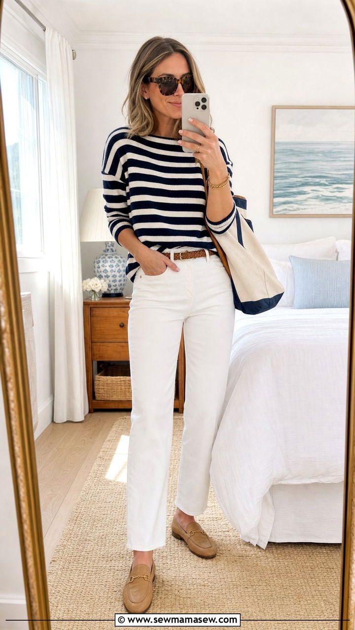 Coastal Grandmother Striped Sweater White Jeans - 25 spring coastal grandmother outfits