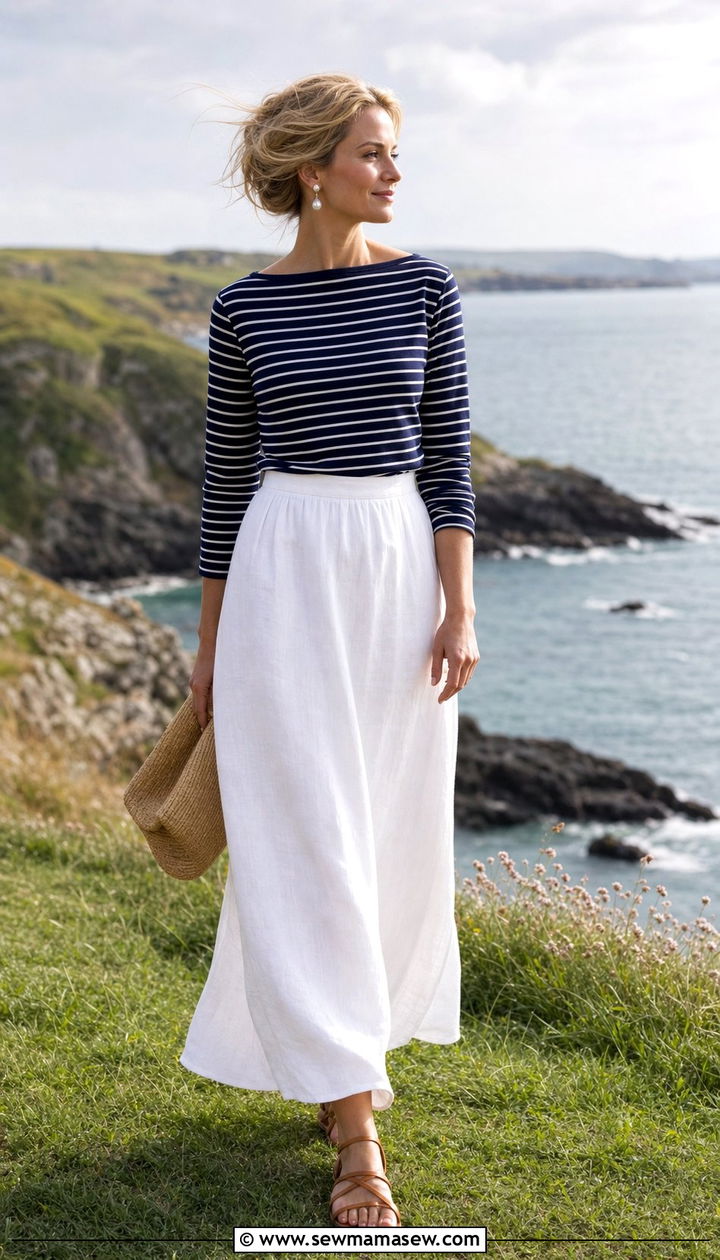 Coastal Grandmother Striped Tee Linen Maxi Skirt - 25 spring coastal grandmother outfits
