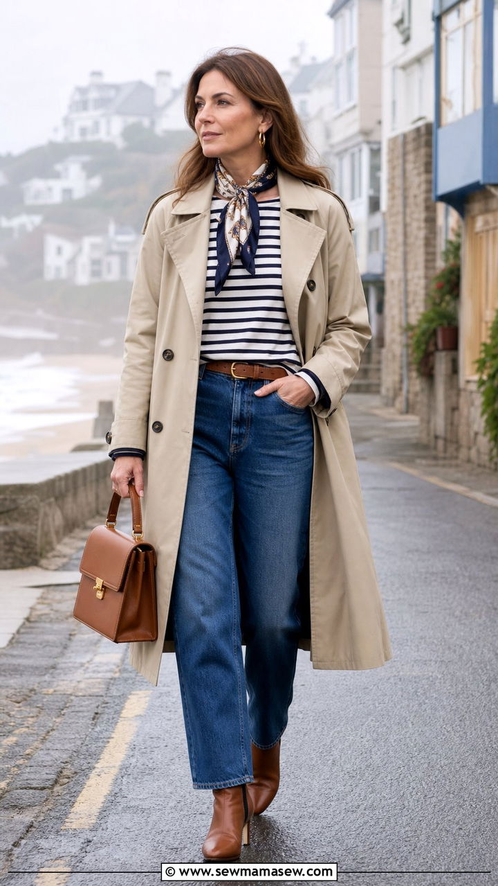 Coastal Grandmother Trench Coat Striped Top Jeans - 25 spring coastal grandmother outfits