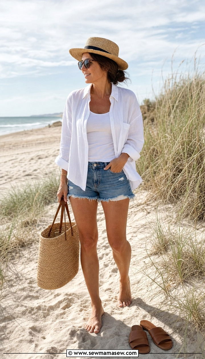 Coastal Grandmother White Linen Button Down Denim Shorts - 25 spring coastal grandmother outfits