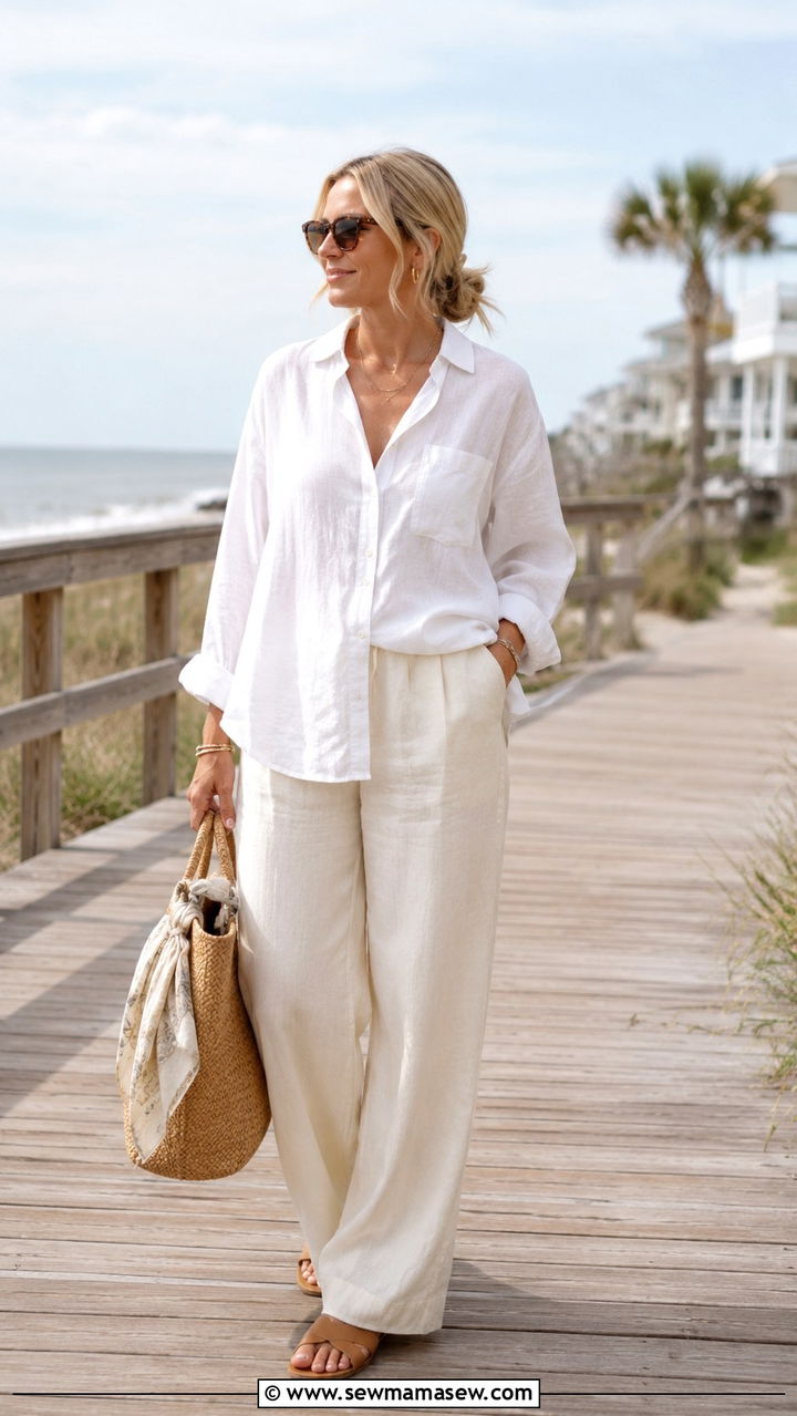 Coastal Grandmother White Linen Button Down and Wide Leg Trousers - 25 aesthetic outfits 2026