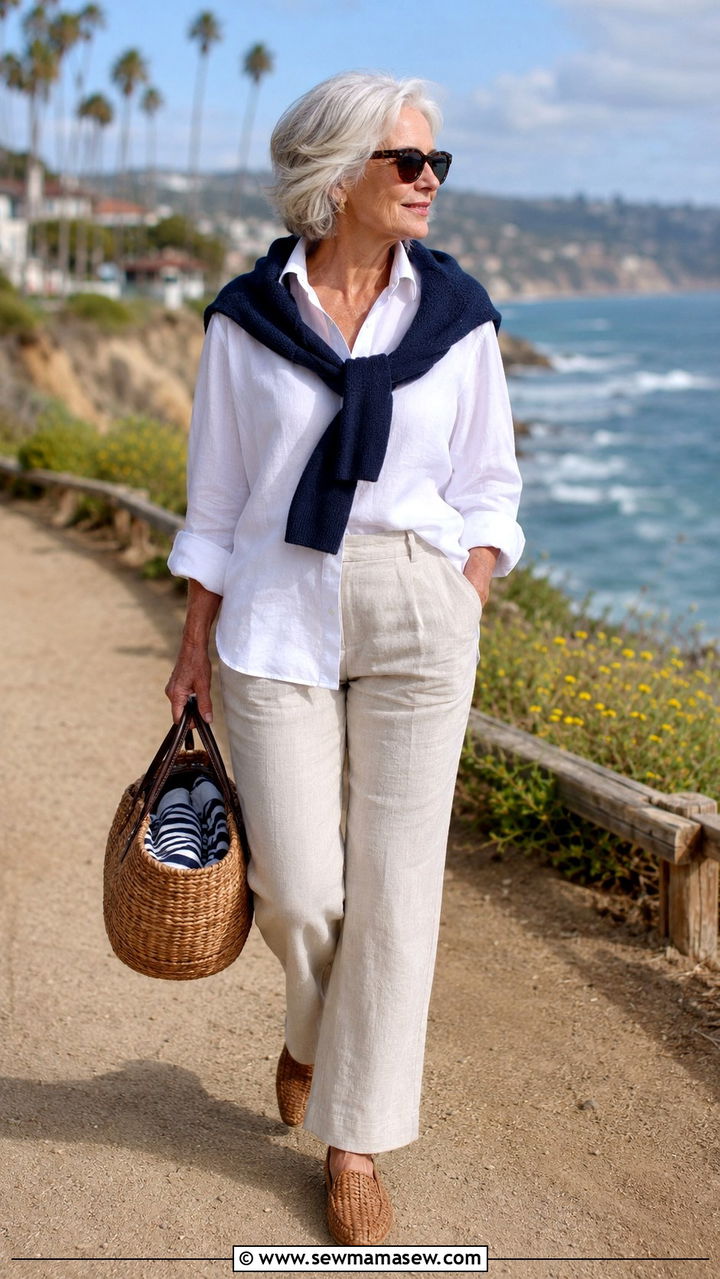 Coastal Grandmother White Shirt and Linen - 30 Picnic outfits for women over 60
