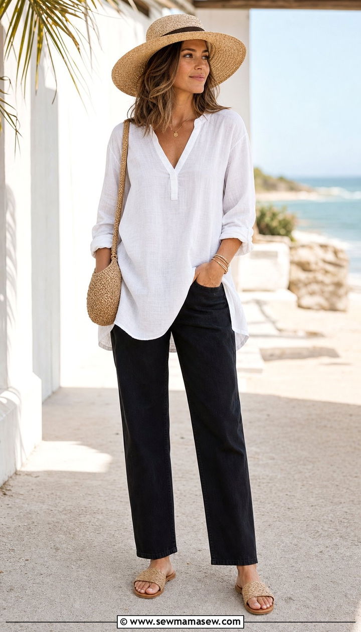 Coastal Linen Tunic with Black Jeans and Raffia Sandals - 25 Summer outfits with black jeans