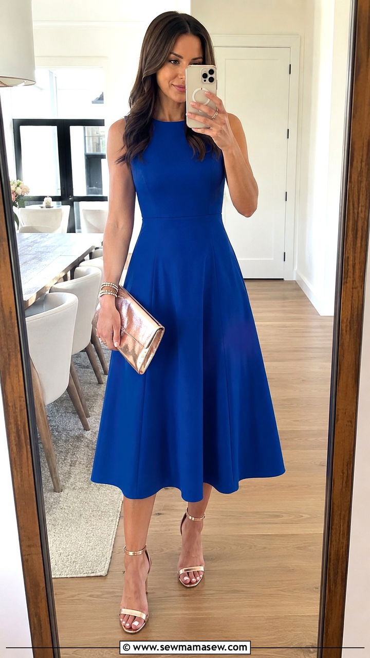 Cobalt Blue A Line Midi Dress With Rose Gold Accessories - 25 Wedding guest outfit ideas cobalt blue dress