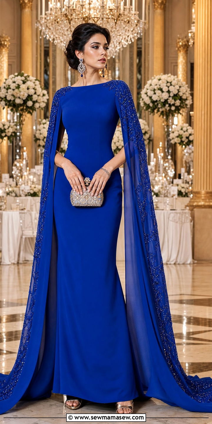 Cobalt Blue Cape Or Embellished Sleeve Gown For Formal Evening Weddings - 25 Cobalt wedding guest dress outfit ideas
