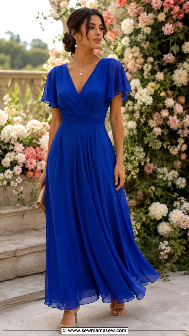 Cobalt Blue Chiffon Maxi Dress With Pearl Accents - 25 Wedding guest outfit ideas cobalt blue dress