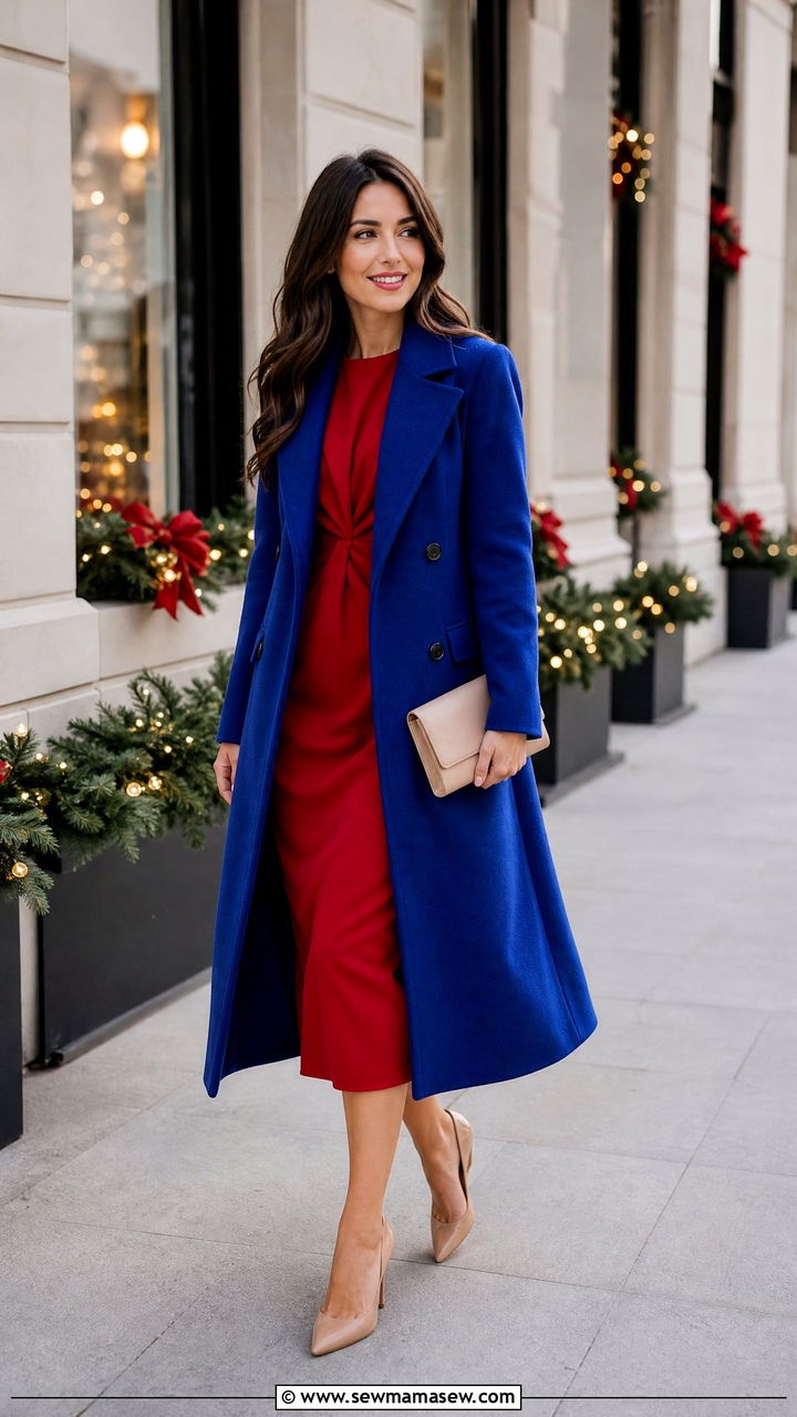 Cobalt Blue Coat With Red Dress And Nude Accessories - 30 Cobalt blue outfit ideas