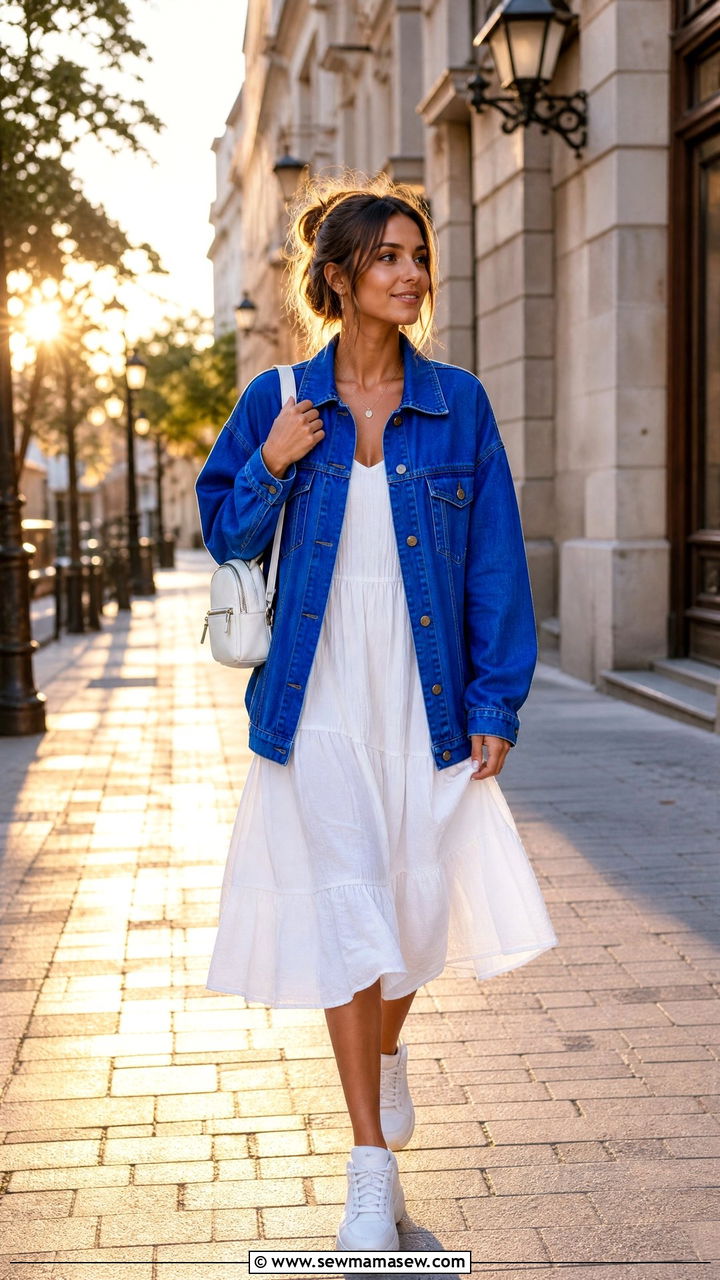 Cobalt Blue Denim Jacket Over White Sundress - 30 Summer cobalt outfit ideas