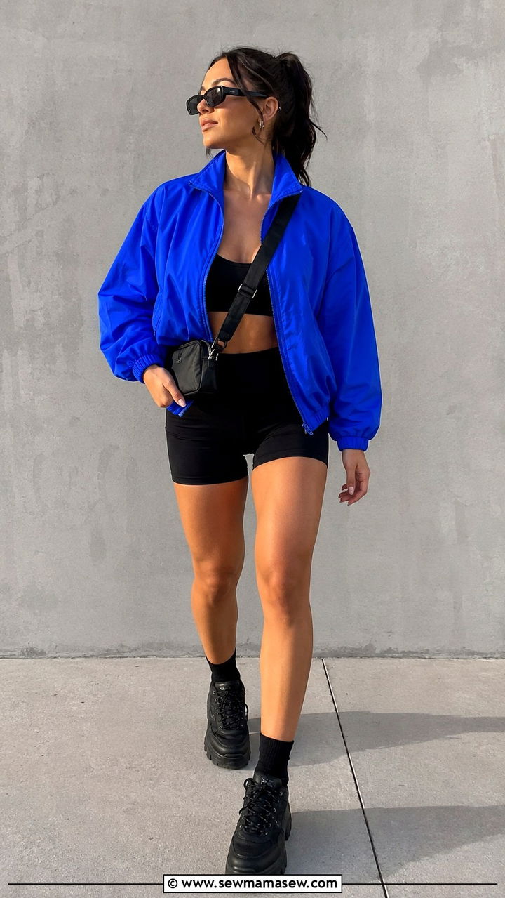 Cobalt Blue Jacket With Black Shorts Set - 25 Athleisure outfit ideas summer 2026