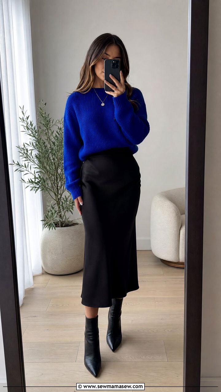 Cobalt Blue Knit Sweater And Black Midi Skirt - 30 Cool tone outfit ideas