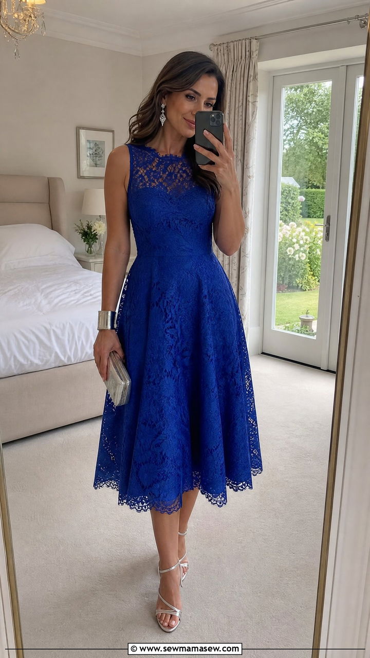 Cobalt Blue Lace Fit And Flare Dress With Silver Accessories - 25 Wedding guest outfit ideas cobalt blue dress