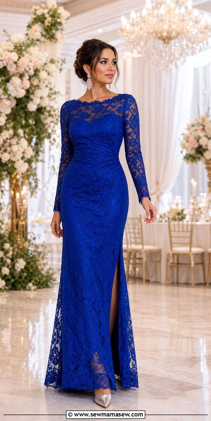 Cobalt Blue Lace Overlay Gown With Silver Jewelry - 25 Cobalt wedding guest dress outfit ideas