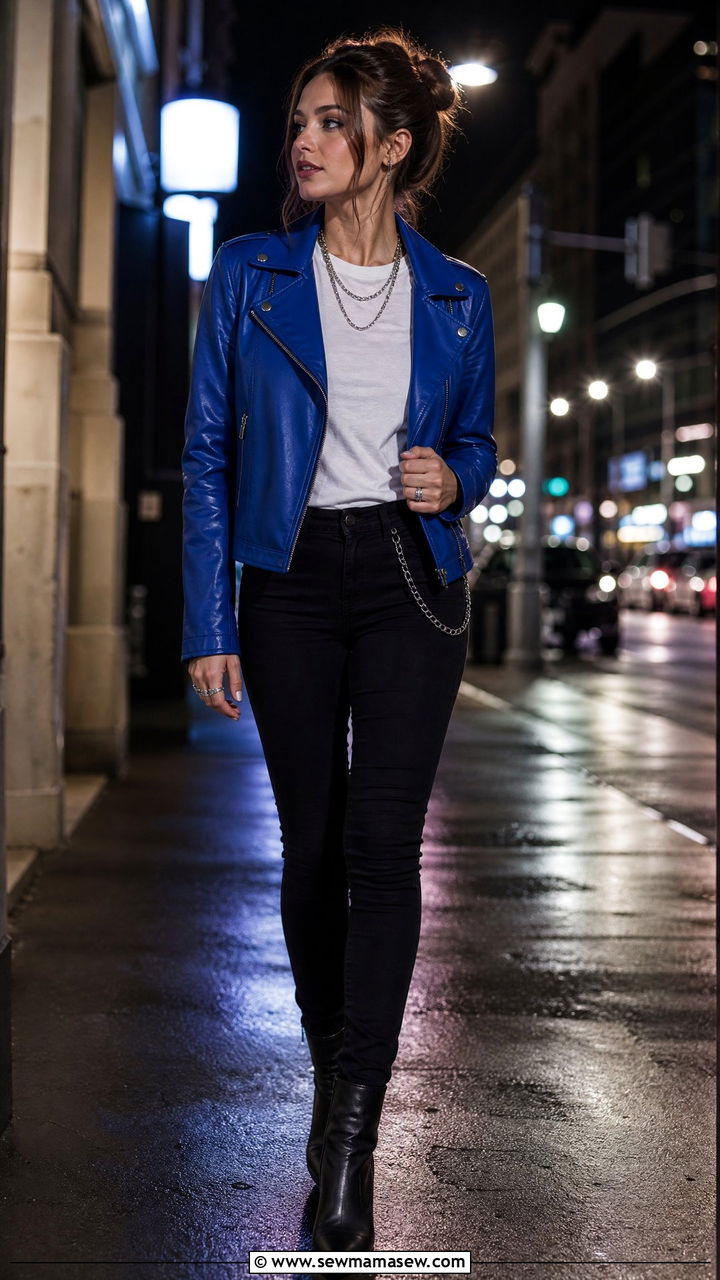 Cobalt Blue Leather Jacket With Black Jeans And Ankle Boots - 30 Cobalt blue outfit ideas