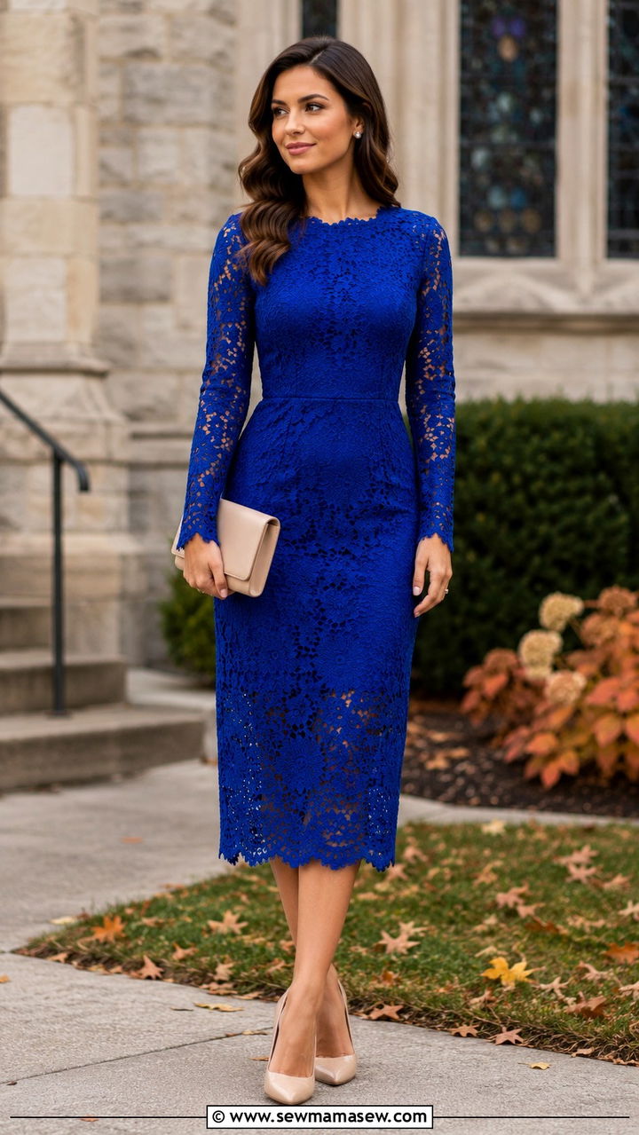 Cobalt Blue Long Sleeve Lace Dress With Nude Clutch - 25 Wedding guest outfit ideas cobalt blue dress