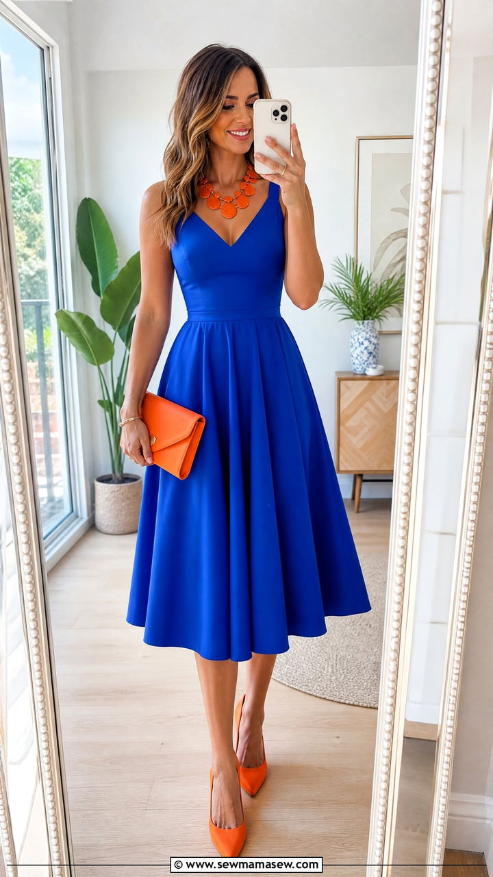 Cobalt Blue Midi Dress With Orange Accessories - 30 Cobalt blue outfit ideas