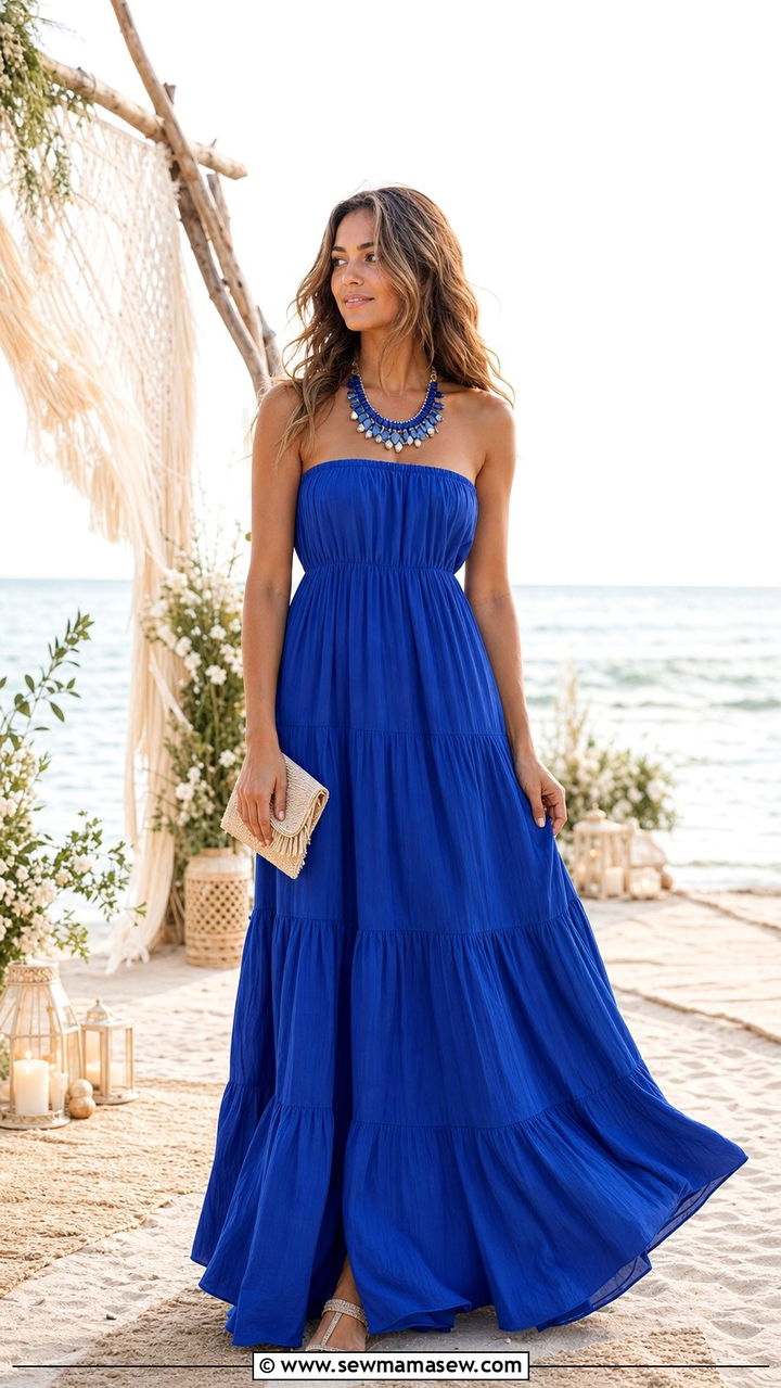 Cobalt Blue Strapless Tiered Maxi Dress With Beaded Jewelry - 25 Cobalt wedding guest dress outfit ideas