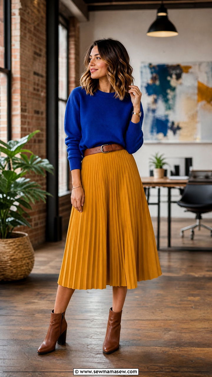 Cobalt Blue Sweater With Mustard Yellow Midi Skirt - 30 Cobalt blue outfit ideas