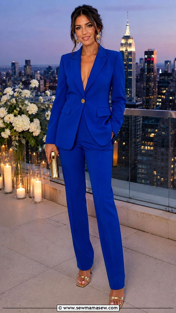 Cobalt Blue Tailored Pantsuit With Gold Accessories - 25 Wedding guest pantsuit outfit ideas