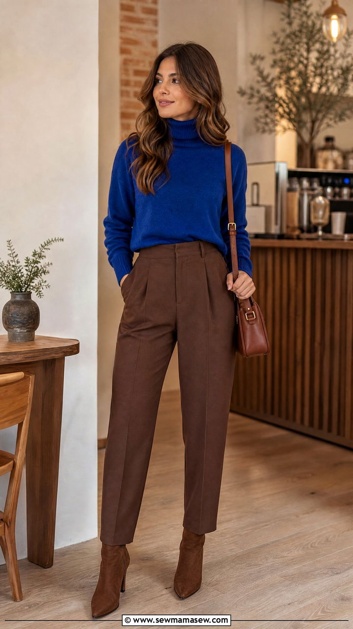 Cobalt Blue Turtleneck With Mocha Brown Trousers - 30 Cobalt blue outfit ideas