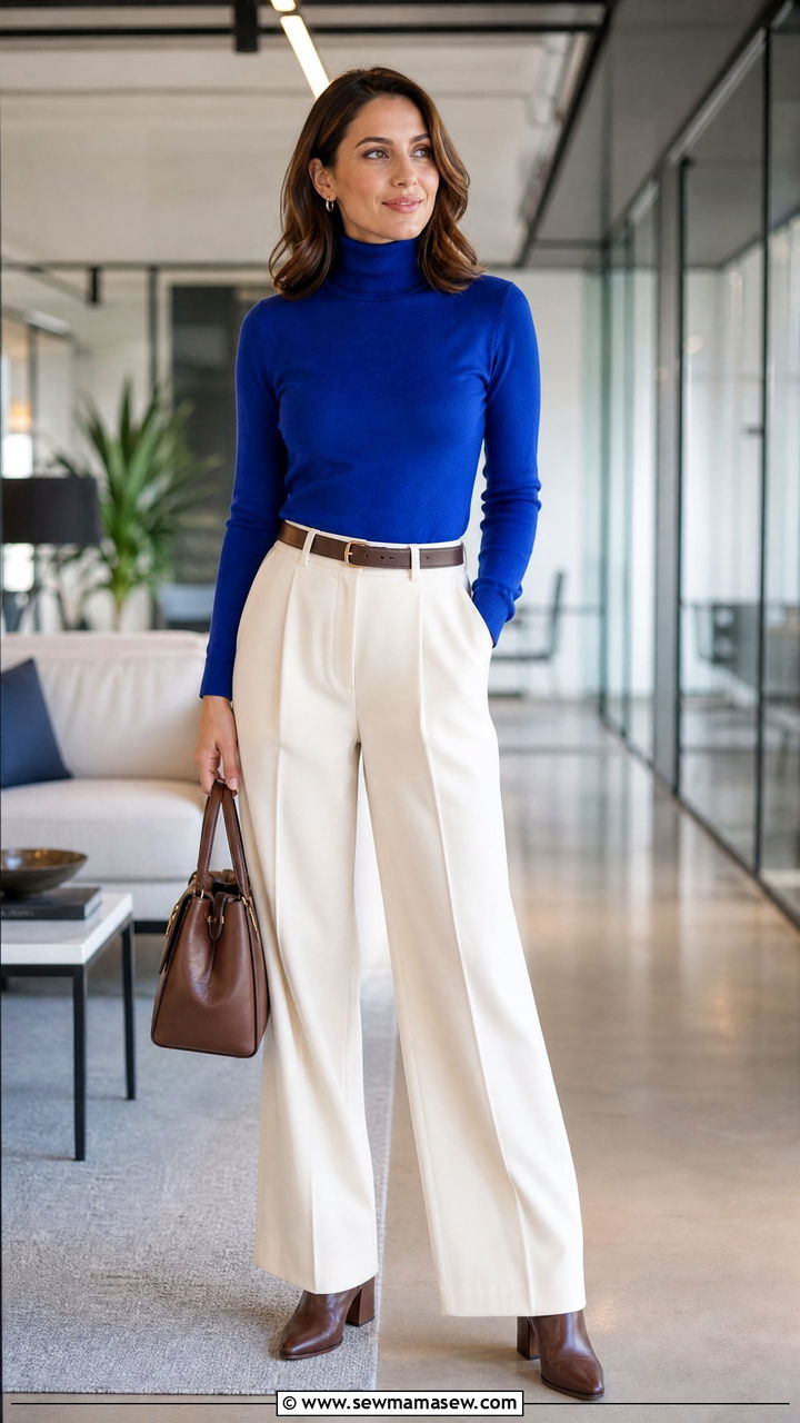 Cobalt Blue Turtleneck and Tailored Trouser Outfit - 30 Bold color outfit ideas