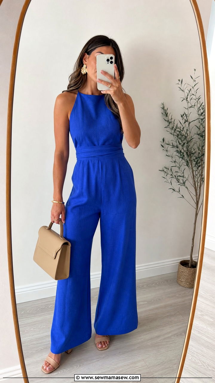 Cobalt Blue Wide Leg Jumpsuit With Heels - 30 Summer cobalt outfit ideas