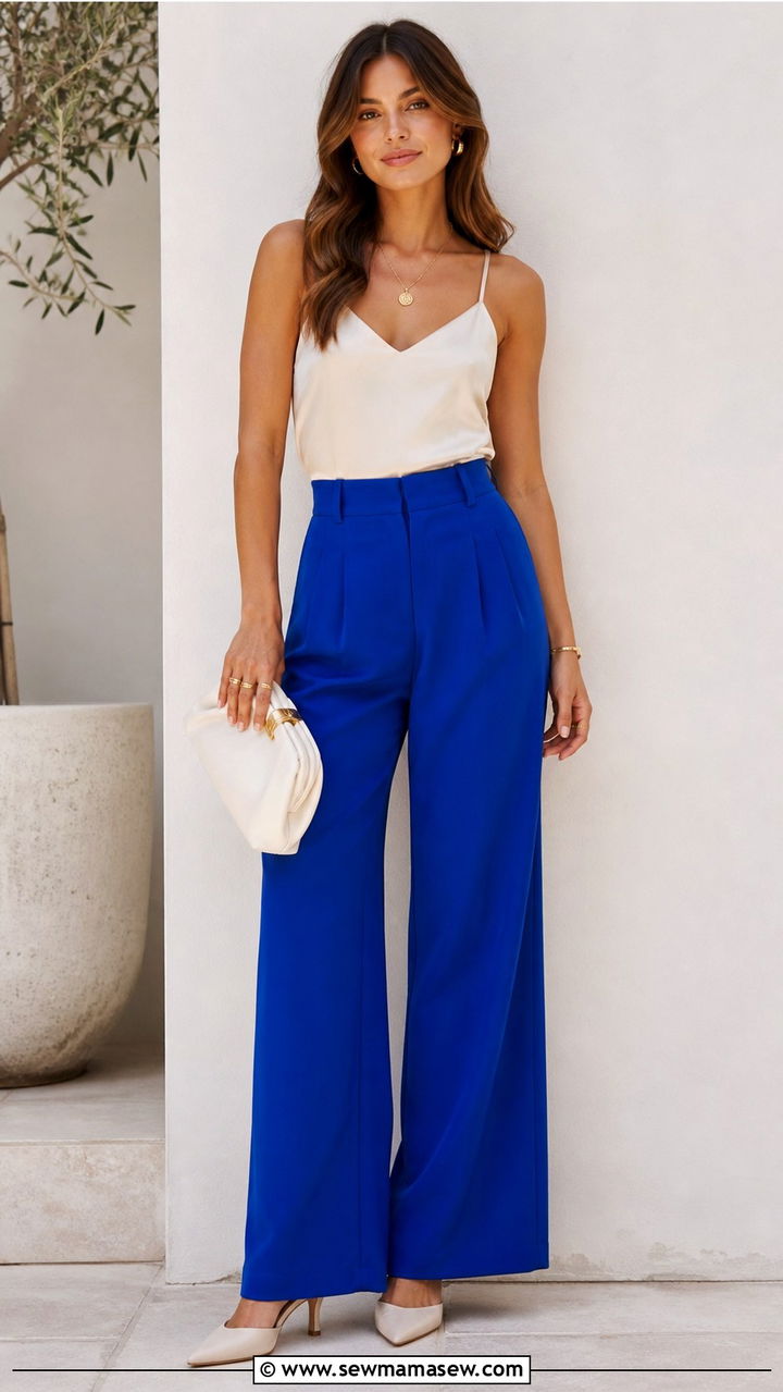 Cobalt Blue Wide Leg Pants With Cream Silk Camisole - 40 Mother's Day outfit ideas